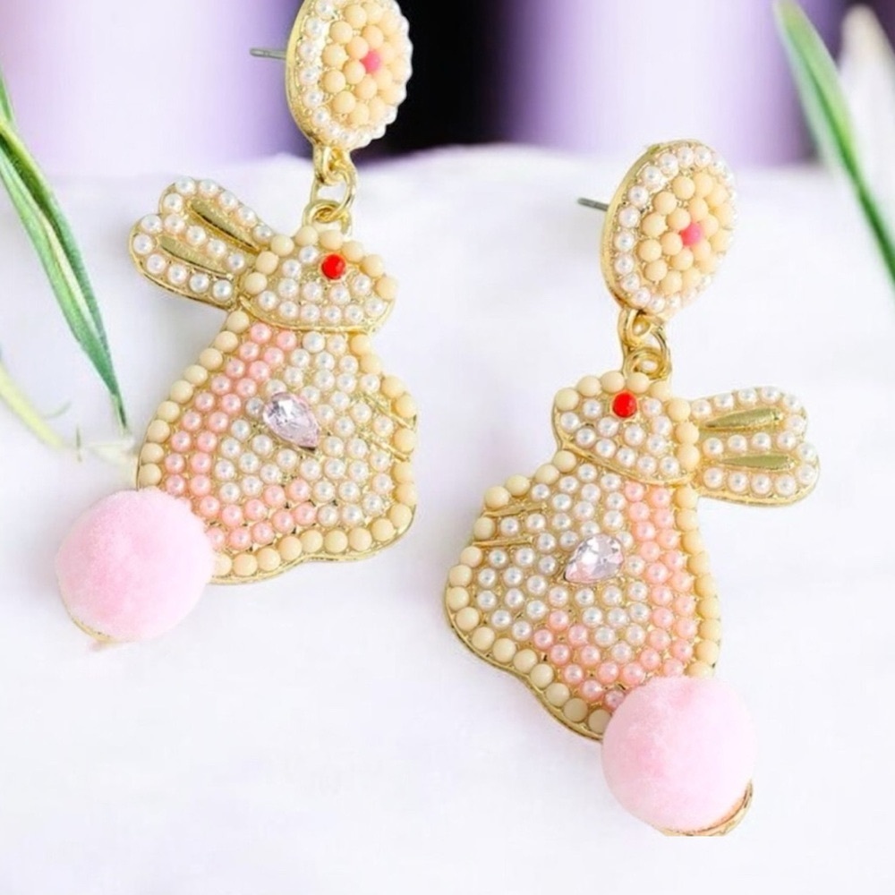 Bunny Rabbit Cream & Pink Faux Pearl & Faux Fur, Stud Dangle Earrings Easter - Picture 3 of 5